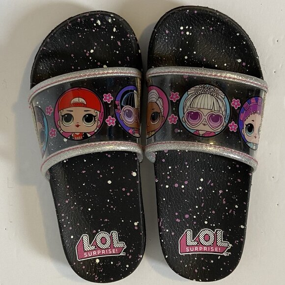 LOL Surprise Dolls Black Clear Glitter Slide Sandals Girls Size 1-2 - Picture 1 of 16